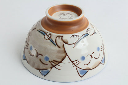 【2pcs set】Mino ware Japanese Ceramics Pair Rice Bowl Blue & Pink Smiling Cat made in Japan